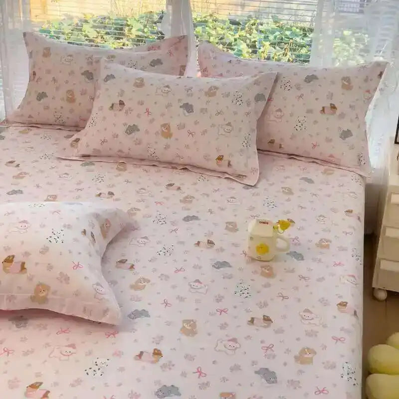 100% Cotton Kids Fitted Sheet - Pink Cartoon Print Single Size, Soft Bed Sheet Mattress Cover (No Pillowcase)