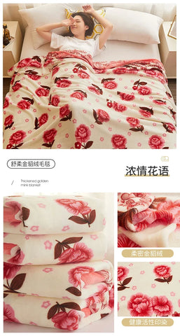 Thin Blanket for Summer Soft Coral Fleece Flannel Blanket for Beds Flower Printed Plaids for Bed Single/Queen/King Size Blanket
