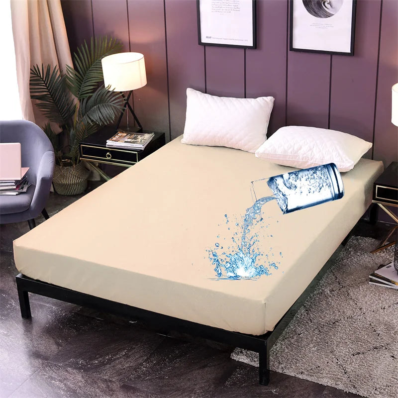 Waterproof Mattress Protector Cover Queen Size 14 inches Deep Pocket Polyester Bed Cover Solid Color Fitted Sheet (Black, Queen)