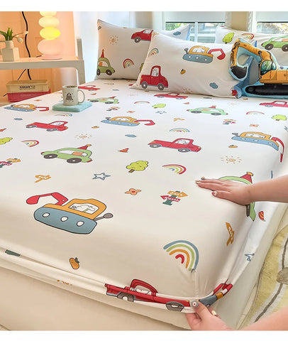 1pc 100%Cotton Bed Sheet for Kids Cartoon Style Car Printed Fitted Sheet with Elastic Band for Boys Pure Cotton Single Bed Cover