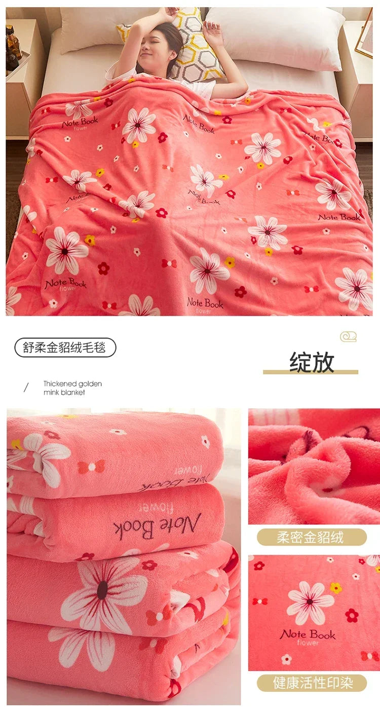 Thin Blanket for Summer Soft Coral Fleece Flannel Blanket for Beds Flower Printed Plaids for Bed Single/Queen/King Size Blanket