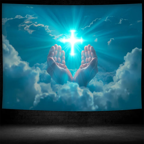 Glowing Cross Background Praying Cloth Home Decorative Artwork for Living Room Bedroom Office Party Decoration Wall Tapestry