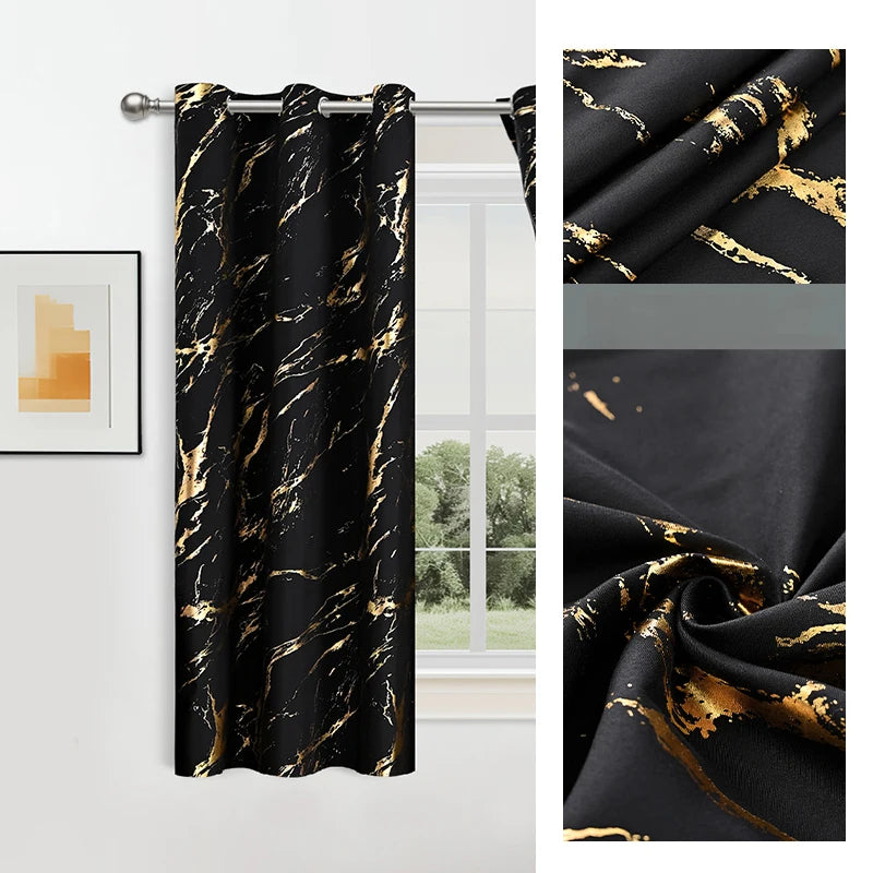 100% Blackout Curtains Luxury Marble Pattern Curtain With Gold Foil Precision Drilling For Home Decor Curtains For Living Room
