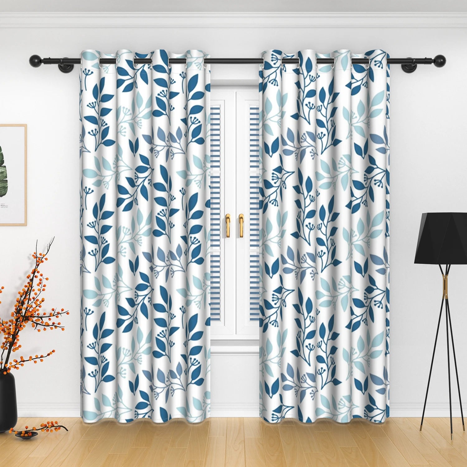 2pcs Nordic Style Blackout Curtains Blue Leaf Pattern Decor Home Interior Curtains Modern Simple Window Curtains For Living Room