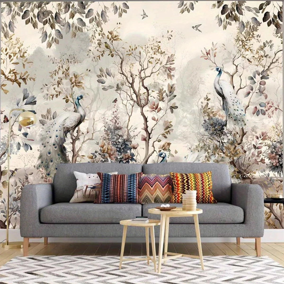 1 Peacock Floral Decorative Tapestry - Elegant wall hanging with bright floral and peacock pattern, polyester fabric