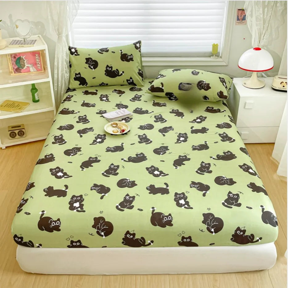 Cat Printed Bed Sheet Green Color Single/Queen/King Size Fitted Sheet with Elastic Band Cartoon Style Bed Sheet for Kids