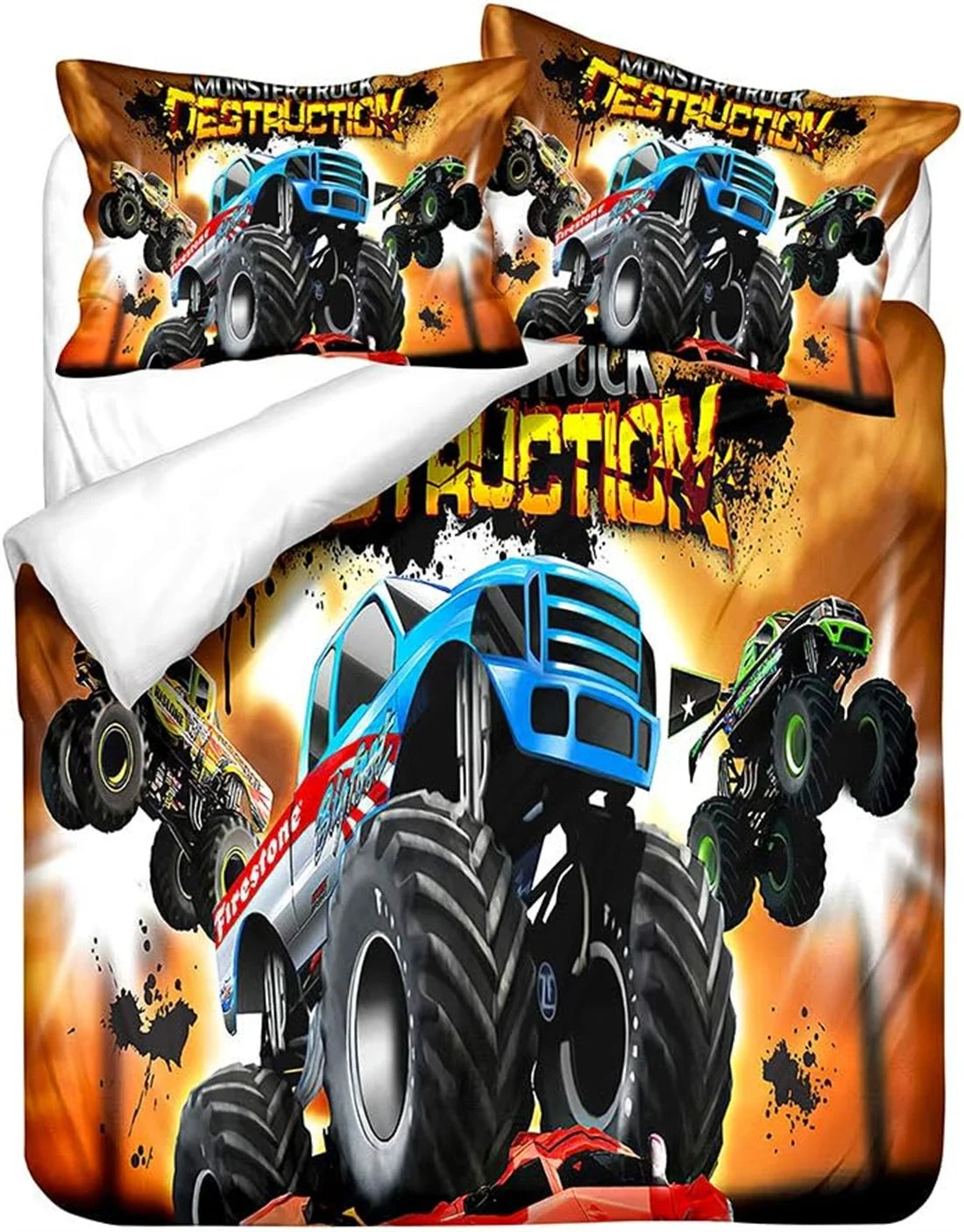 Cartoon Monster Truck Duvet Cover Sets,Soft Comfortable Breathable Bedding Set  with Pillowcases Zipper for Kids Boys Girls