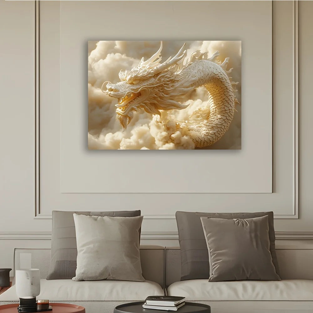 1 pc 3D Dragon and Auspicious Clouds Art Tapestry - Stately White Polyester Wall Hanging, Polyester Fabric, Machine Washable