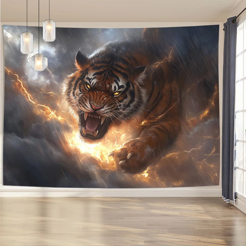 3D Tiger with Stormy Clouds and Lightning Background Cloth, Polyester, Wall Tapestry for Living Room, Bedroom, Office, Party Dec