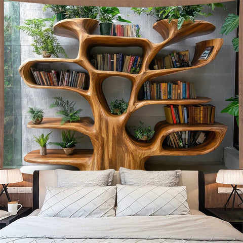 Tree Shaped Bookshelf with Artificial Green Plants Tapestry Wall Decoration Autumn & Christmas Decor For Reading Nooks Backdrops