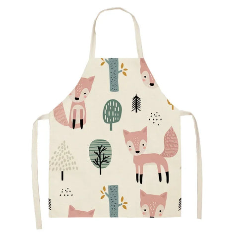1Pcs Cute Fox Cat Pattern Apron Women Men Kids Waterproof Cooking Oil-proof Kitchen Cooking Bib Aprons Cotton Linen Home Textile