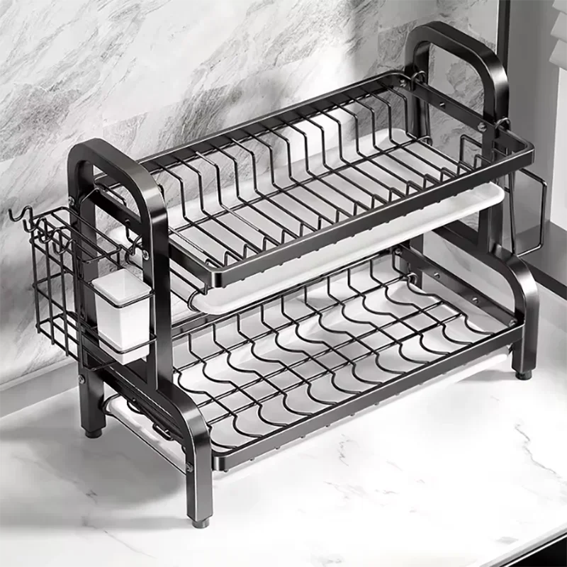 2 Tier Stainless Steel Dish Drying Rack with Drainboard Utensil Holder Compact Rust Proof Kitchen Storage Organizer