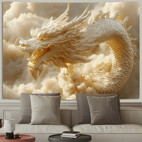 1 pc 3D Dragon and Auspicious Clouds Art Tapestry - Stately White Polyester Wall Hanging, Polyester Fabric, Machine Washable