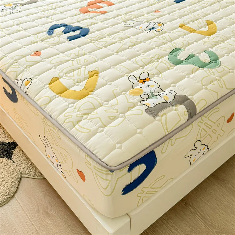 Adorable Quilted Washed Cotton Fitted Mattress Cover - Super Cute Girl's Design, Hypoallergenic