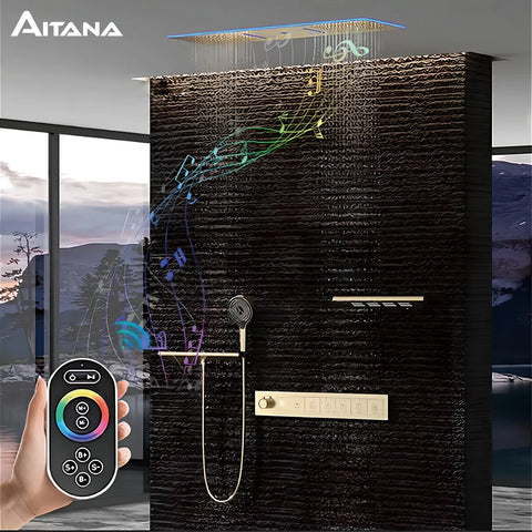Luxury Brass Ceiling Mount Thermostatic LED digital display Shower Set System Bluetooth Music Rain Shower Head Bathroom Faucet