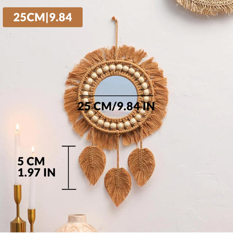 Macrame Hanging Wall Mirror, Boho Fringe Round Handmade Decorative Acrylic Mirror for Apartment Living Room Bedroom Home Decor