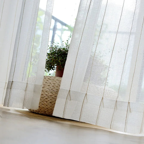 Nordic white Japanese linen cotton curtain tulle for bedroom living room striped gauze finished floating curtain balcony window