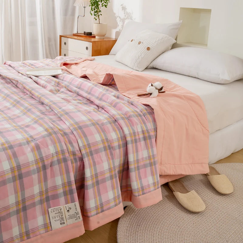 Japanese-style Plaid Summer Blanket 100% Cotton Skin Friendly Quilted Queen Quilt 220*240 Breathable King Size Duvet Comforter