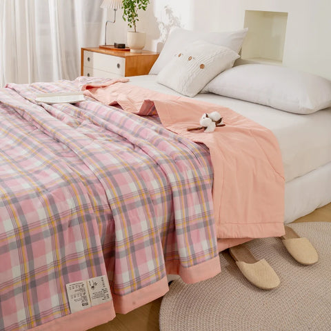 Japanese-style Plaid Summer Blanket 100% Cotton Skin Friendly Quilted Queen Quilt 220*240 Breathable King Size Duvet Comforter