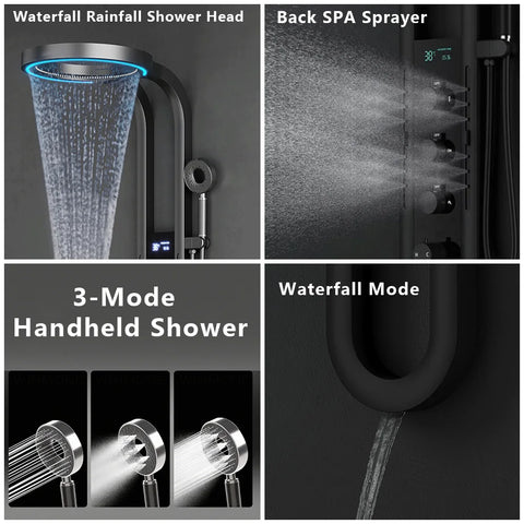 Modern High End Rainfall Shower Panel SPA Massage Jet Waterfall Showers Column Taps Set LED Display Smart Bathroom Shower System