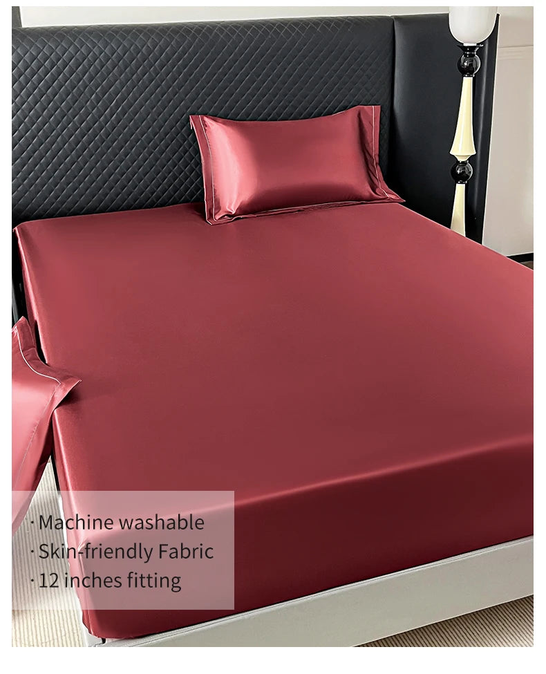New Imitation Silk Satin Bed Sheet Set with Elastic Band Soft Silky Queen Fitted Sheet Mattress Cover King Size Bedsheet Sets