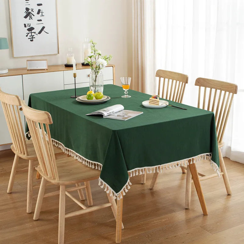 White Cotton Rectangle Tablecloth Fabric Tassel Farmhouse Washable Table Cover for Kitchen Living Room Dinning Picnic Decoration