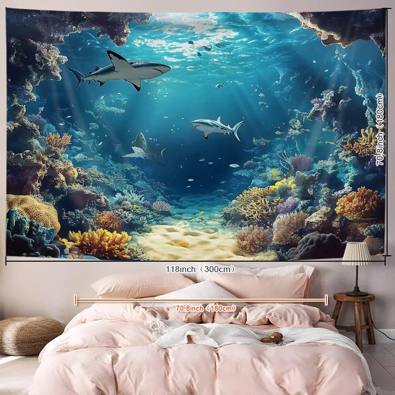 "Underwater Shark Tapestry - Polyester Brushed Fabric | Ocean Theme Wall Hanging for Living Room, No Battery/Electricity"