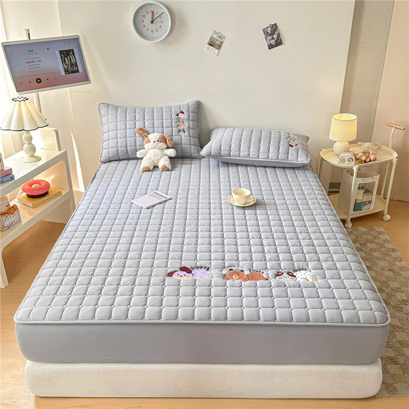 Cartoon Embroidered Bed Cover Quilted Mattress Protector Non-slip Bedspread Thicken Bed Linen 매트리스 커버	 (No Pillowcase)