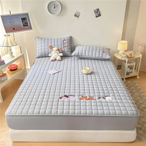 Cartoon Embroidered Bed Cover Quilted Mattress Protector Non-slip Bedspread Thicken Bed Linen 매트리스 커버	 (No Pillowcase)
