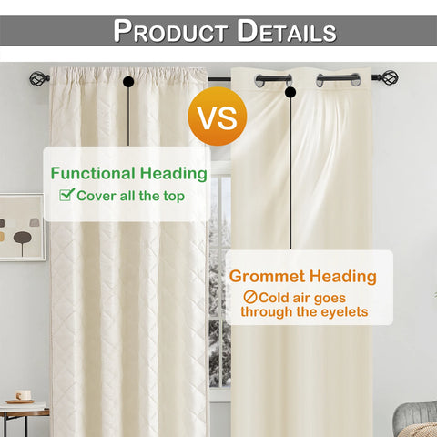 Quilted Blackout Curtains Heavy Duty Noise Reducing Thermal Insulated Drapes Liner Anti-cold Rod Pocket for Living Room Bedroom
