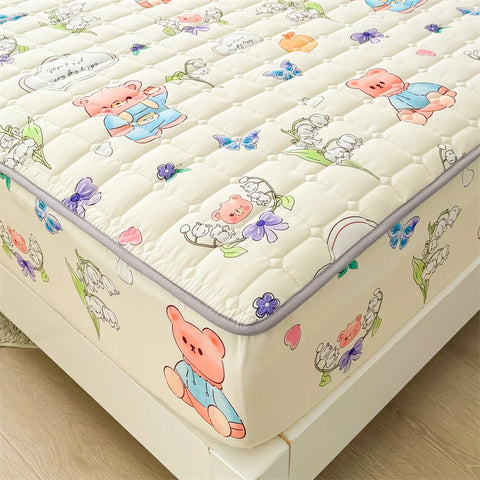 Adorable Quilted Washed Cotton Fitted Mattress Cover - Super Cute Girl's Design, Hypoallergenic