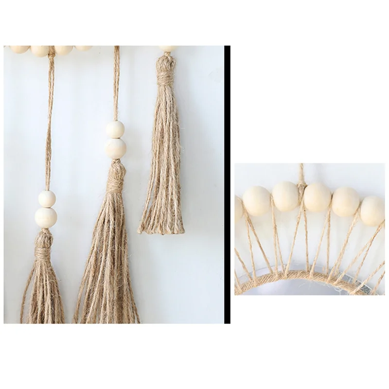 AK23-Wall Mirror Hanging Wall Mirror Boho Antique Mirror With Wood Beads Fringe Handmade Round Decoration