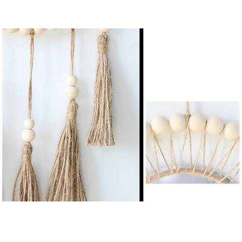 AK23-Wall Mirror Hanging Wall Mirror Boho Antique Mirror With Wood Beads Fringe Handmade Round Decoration