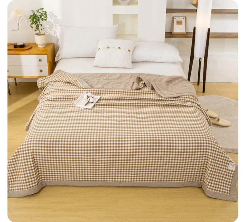 Japanese-style Plaid Summer Blanket 100% Cotton Skin Friendly Quilted Queen Quilt 220*240 Breathable King Size Duvet Comforter