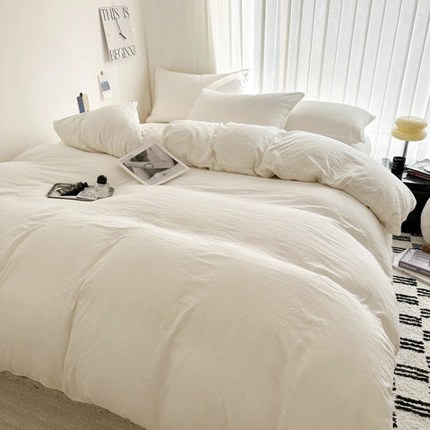 Solid Bed Linen Cotton Bedding Set with Sheet Duvet Cover Pillowcase Single Couple Bedsheet King Queen Double Twin Size