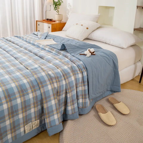 Japanese-style Plaid Summer Blanket 100% Cotton Skin Friendly Quilted Queen Quilt 220*240 Breathable King Size Duvet Comforter