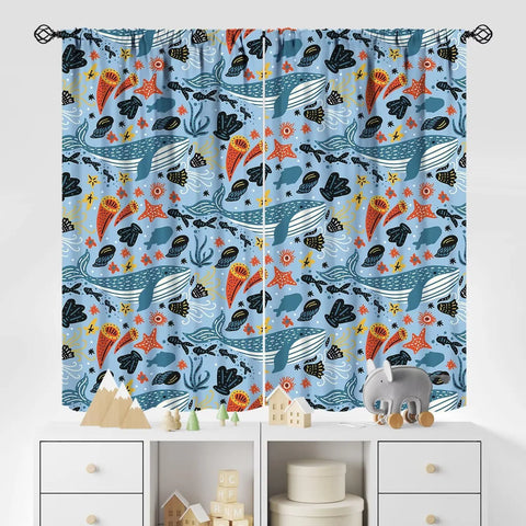 Kids Sea Animal Curtains Boys Girls Bedroom Nursery Decor Funny Turtle Whale Ocean Colorful Art Printed Blackout Window Drapes