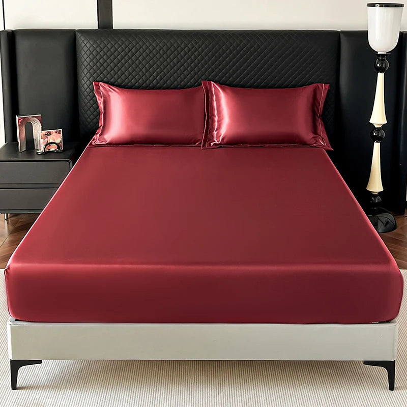 New Imitation Silk Satin Bed Sheet Set with Elastic Band Soft Silky Queen Fitted Sheet Mattress Cover King Size Bedsheet Sets
