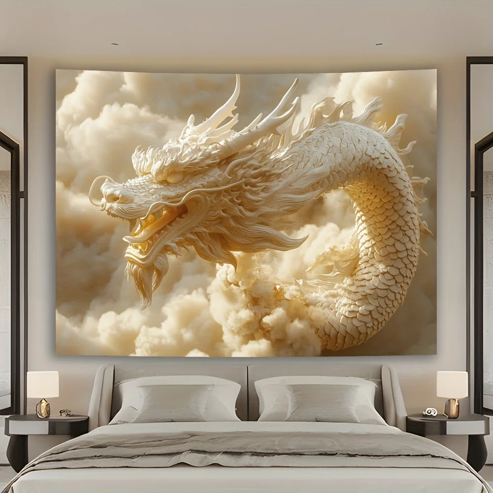 1 pc 3D Dragon and Auspicious Clouds Art Tapestry - Stately White Polyester Wall Hanging, Polyester Fabric, Machine Washable