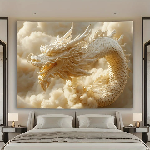 1 pc 3D Dragon and Auspicious Clouds Art Tapestry - Stately White Polyester Wall Hanging, Polyester Fabric, Machine Washable