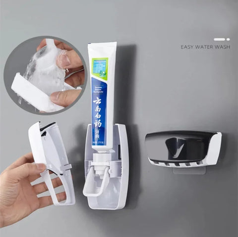 2PCS Automatic Toothpaste Dispenser Wall Mount Dust-proof Toothbrush Holder Wall Mount Bathroom Accessories Set Squeezer