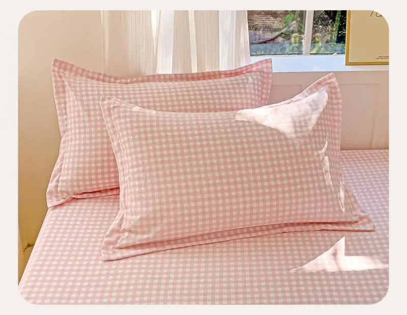 New Ultra-Thin Grid Pattern Fitted Sheet Set Washed Cotton Skin-Friendly Mattress Dust Cover Soft Breathable Household Mat