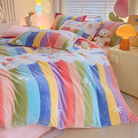 Rainbow Theme Plush Duvet Cover Fluffy Soft Boys Girls Luxury Queen Quilt Cover Winter Warm Letter Print Bedding No Pillowcase