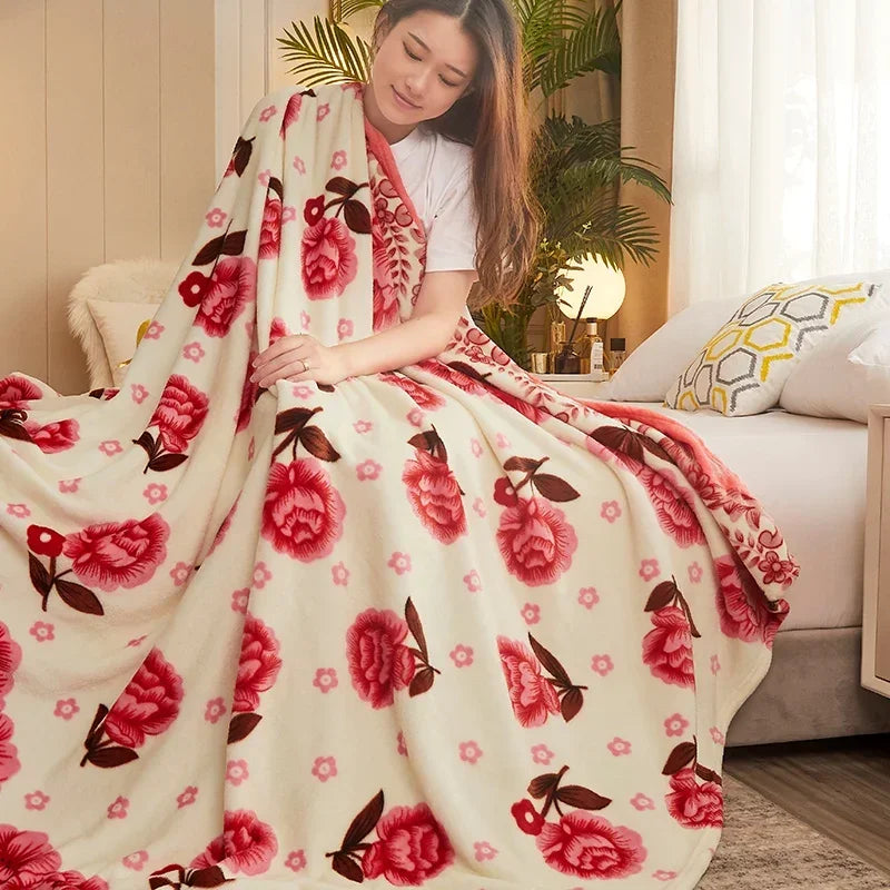 Thin Blanket for Summer Soft Coral Fleece Flannel Blanket for Beds Flower Printed Plaids for Bed Single/Queen/King Size Blanket