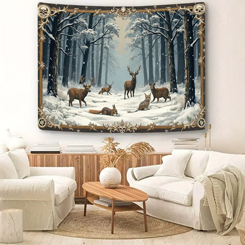 Enchanted Winter Forest Tapestry with Deer and Fox in Snow, Magical Animal Scene Wall Hanging for Bedroom or Living Room Decor