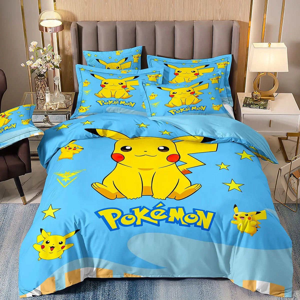Pikachu Design Quiltt Cover for Kids, Reversible Bedding Set with Matching Pillowcase 75*50, Children's Bedroom Bed Decoration