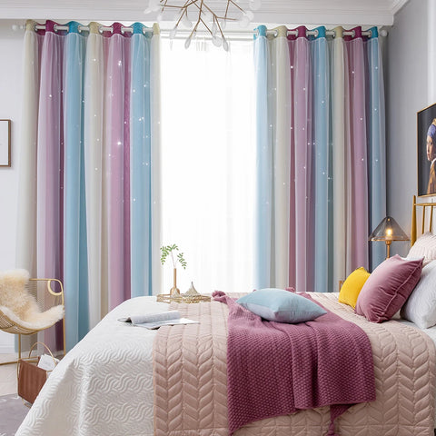 Rainbow Hollow-Out Star Blackout Curtains for Girl Kid Nursery Bedroom and Living Room Double Layer Window Cute Grommet Curtains