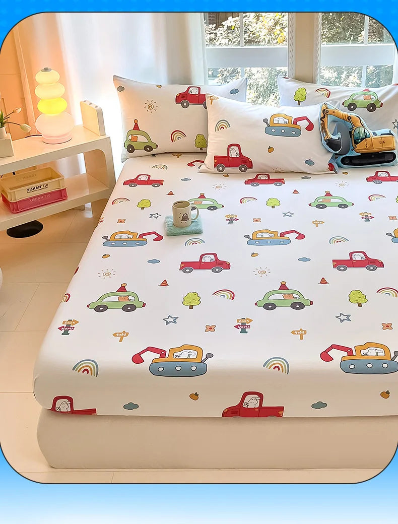 1pc 100%Cotton Bed Sheet for Kids Cartoon Style Car Printed Fitted Sheet with Elastic Band for Boys Pure Cotton Single Bed Cover