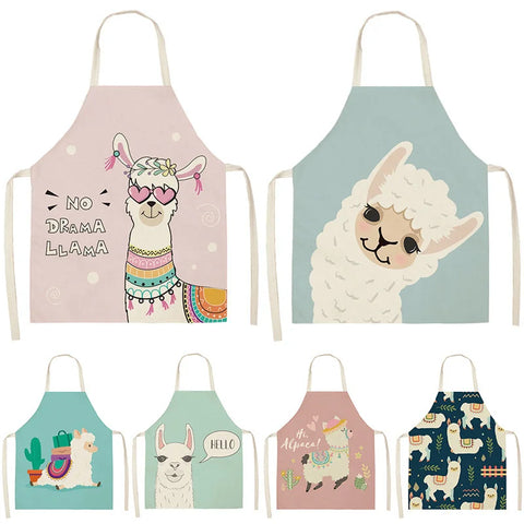 Alpaca Llama Cactus Printed Cotton Linen Sleeveless Aprons Kitchen Women Pinafore Home Cooking Baking Waist Bib Fartuchy Tablier