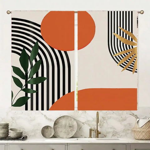 2 Pieces Boho Artistic Curtains - Modern Geometric Design With Black, Beige And Gold Accents - Semi-Sheer, Machine Washable